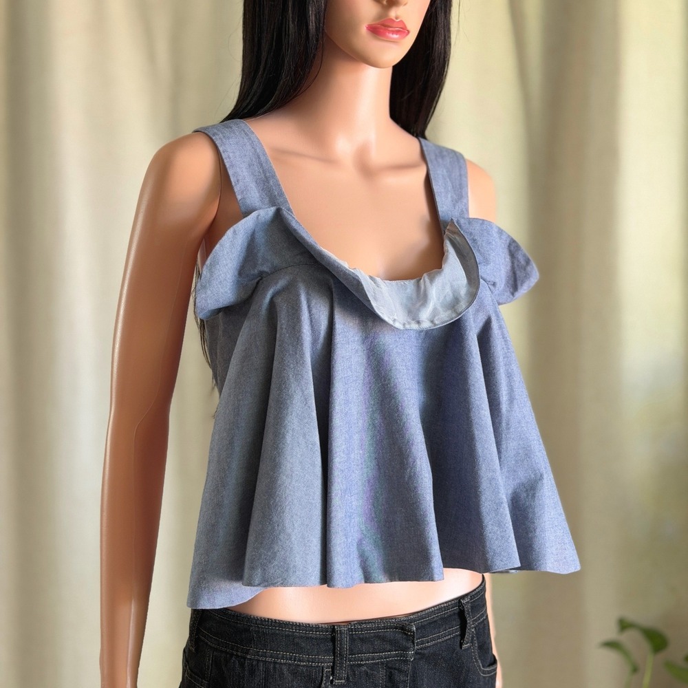 Viva Aviva Tehama Flare Front Overall Tank Top Blue Cotton Silk S Made in NY